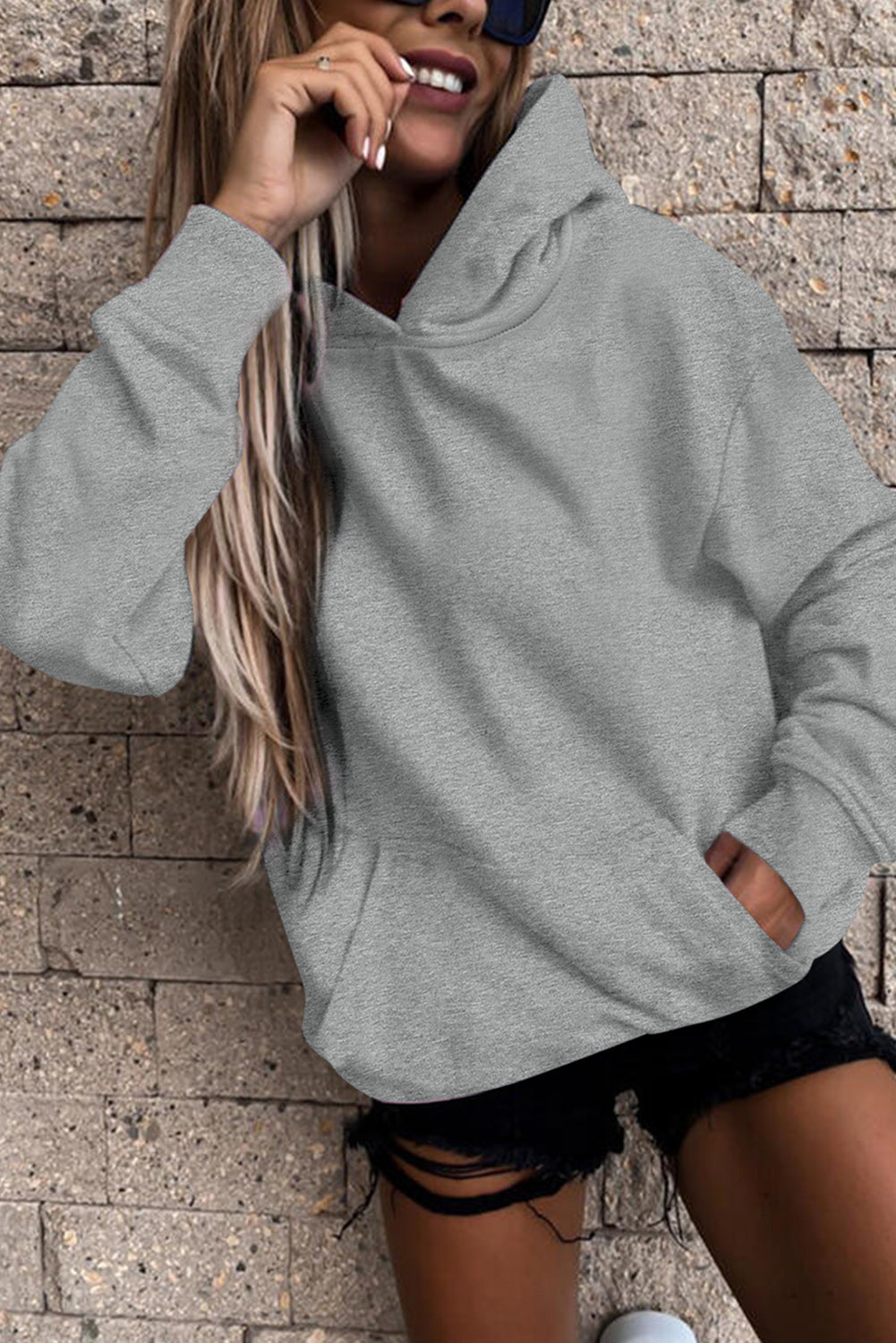 Gray Loose Kangaroo Pocket Hoodie