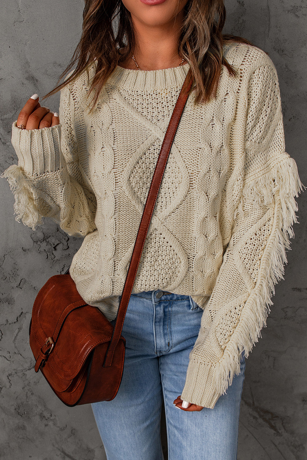 Apricot Cable Knit Fringe Trim Sweater