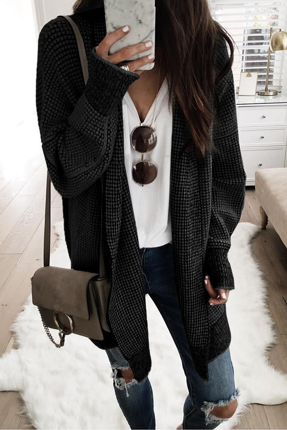 Rose Plaid Knitted Long Open Front Cardigan