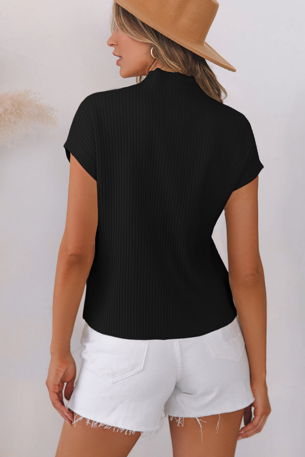 Gold Flame Patch Pocket Ribbed Knit Short Sleeve Sweater