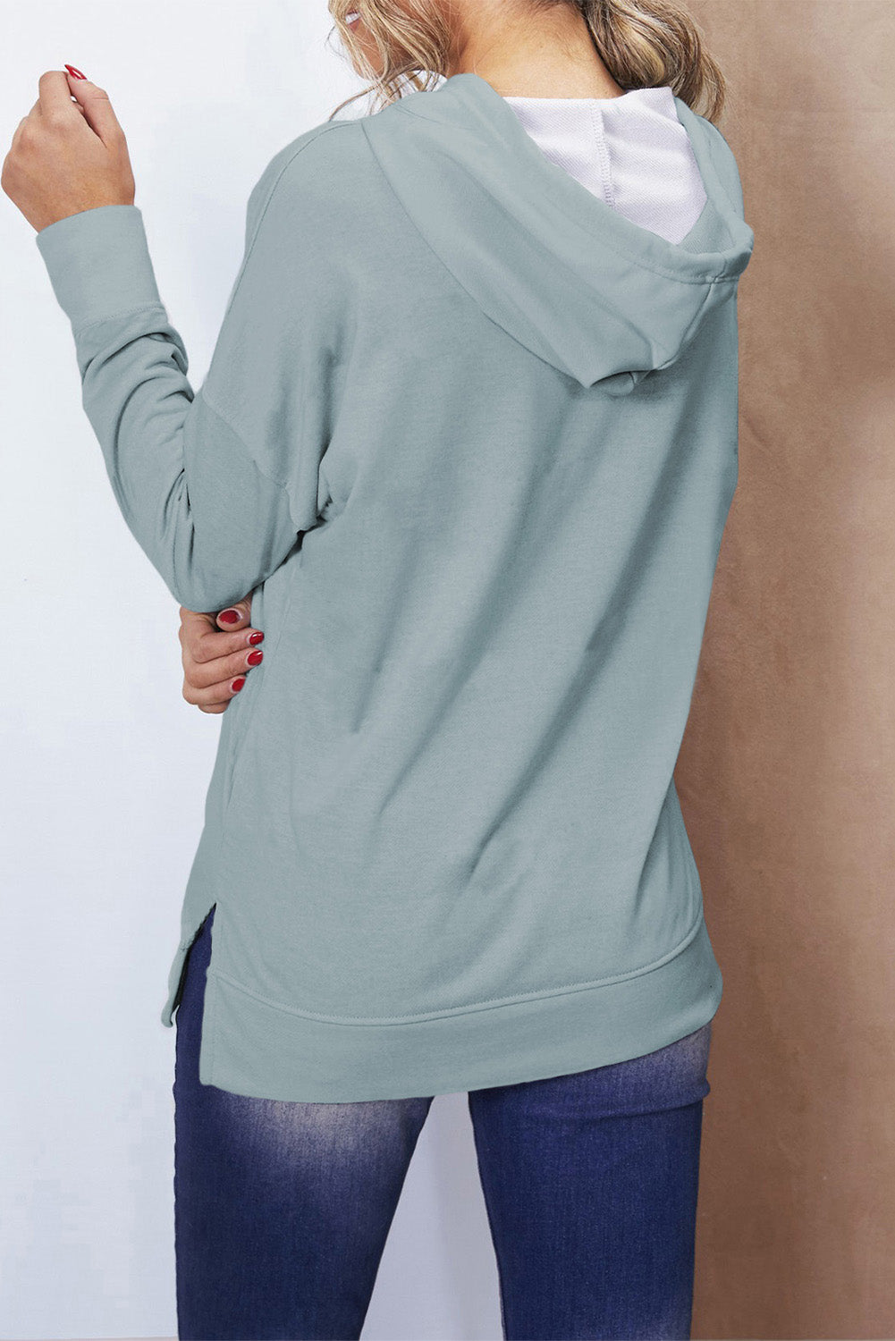 Sky Blue Drop Shoulder Slit Hem Casual Hoodie