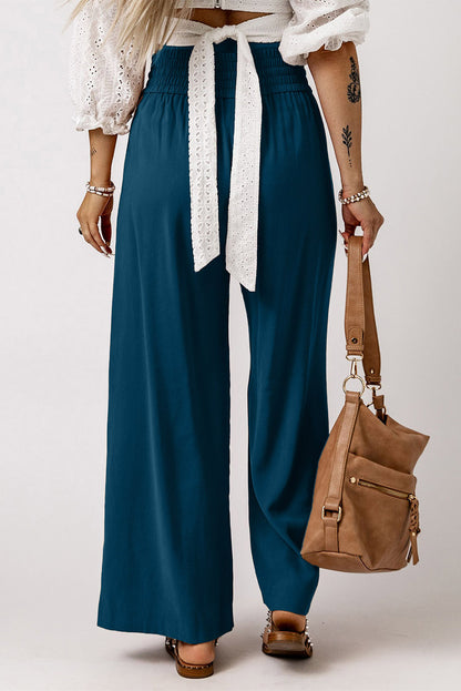 Brown Drawstring Elastic Waist Casual Wide Leg Pants