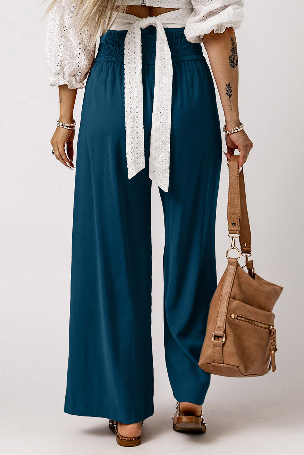 Black Drawstring Elastic Waist Casual Wide Leg Pants