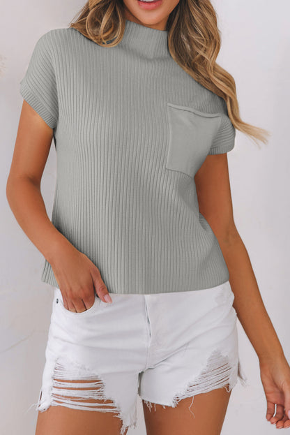 Gold Flame Patch Pocket Ribbed Knit Short Sleeve Sweater