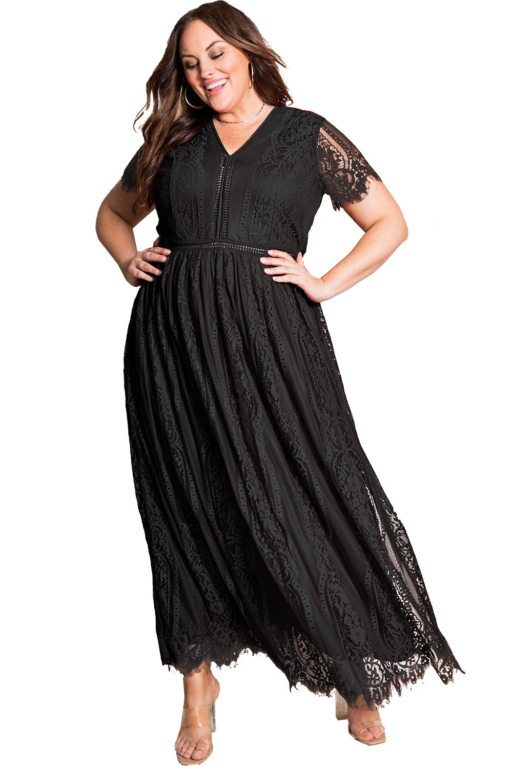 Black Eyelash Lace Short Sleeve Curvy Maxi Dress