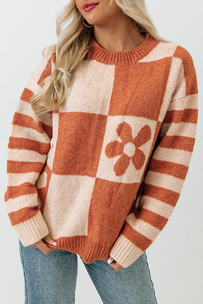 Brown Checkered Floral Print Striped Sleeve Sweater