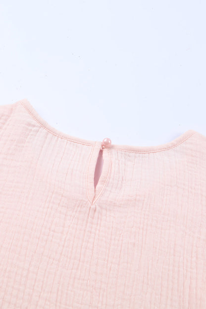 Pink Textured Tiered Ruffled Short Sleeve Blouse