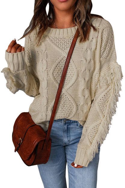 Apricot Cable Knit Fringe Trim Sweater