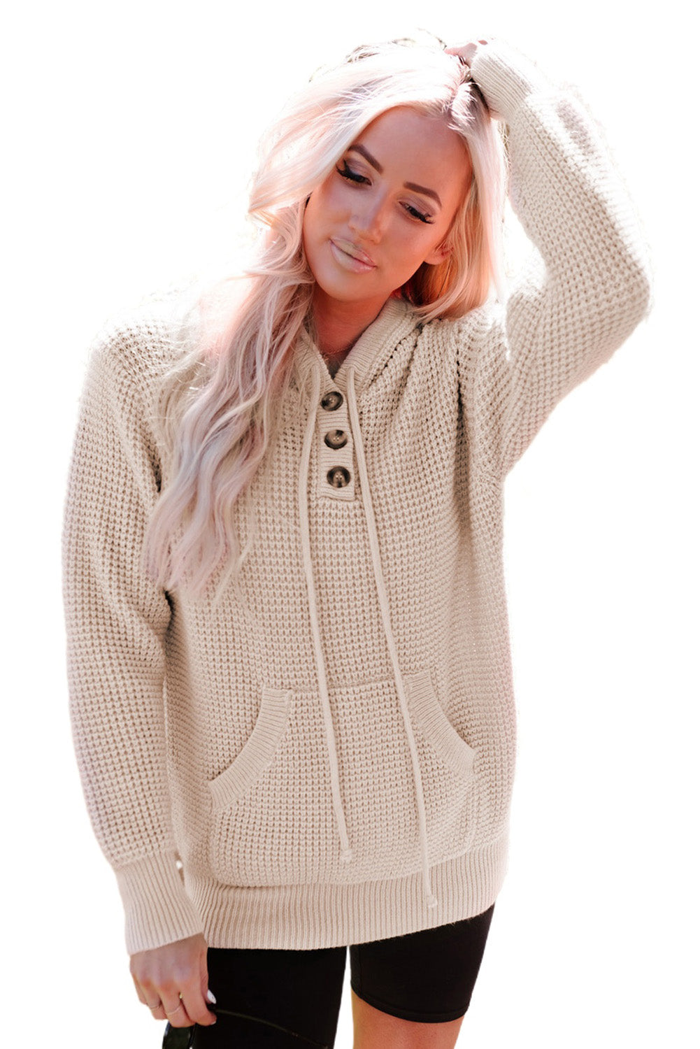 Apricot Waffle Knit Buttons Hooded Sweater with Pocket