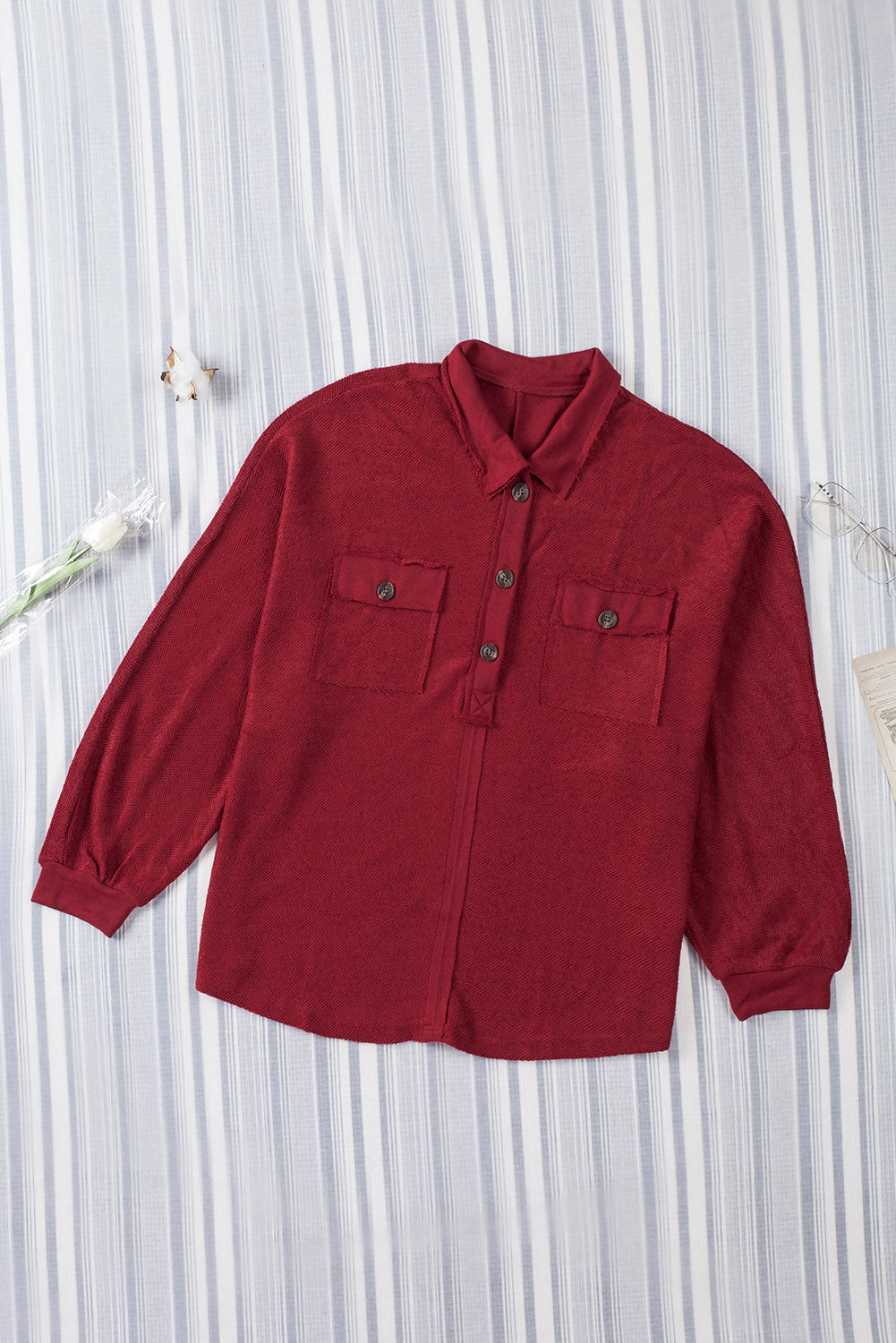 Red Polo Collar Buttoned Patchy Top with Pockets