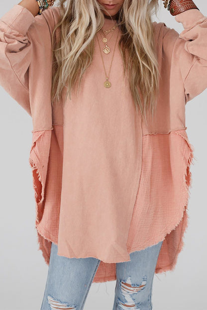 Grey Crinkle Splicing Raw Hem High Low Oversized Blouse