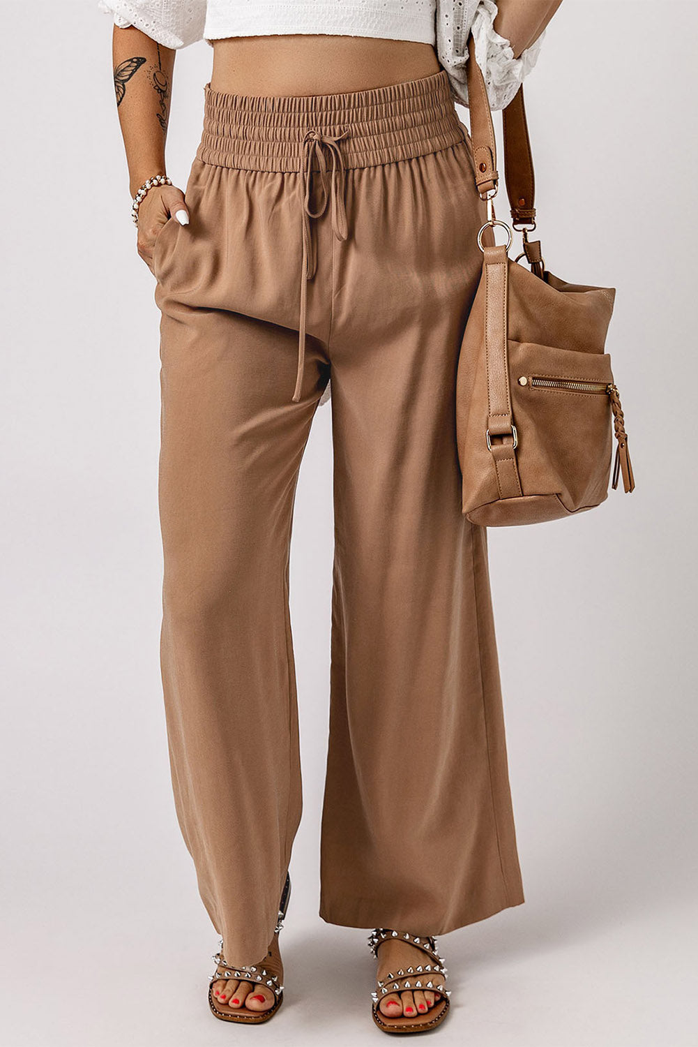 Black Drawstring Elastic Waist Casual Wide Leg Pants