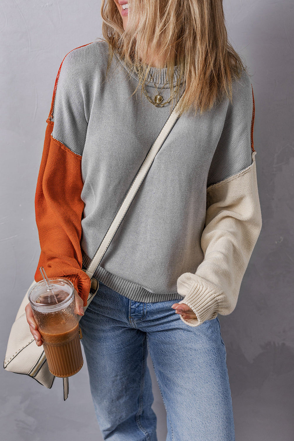 Chicory Coffee Contrast Color Exposed Seam Drop Shoulder Sweater