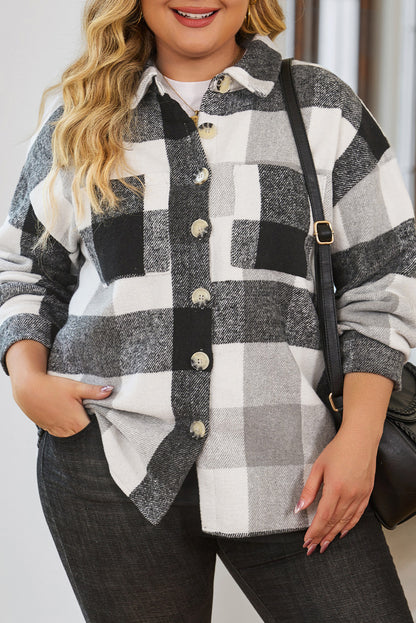 Plaid Color Block Buttoned Long Sleeve Jacket with Pocket