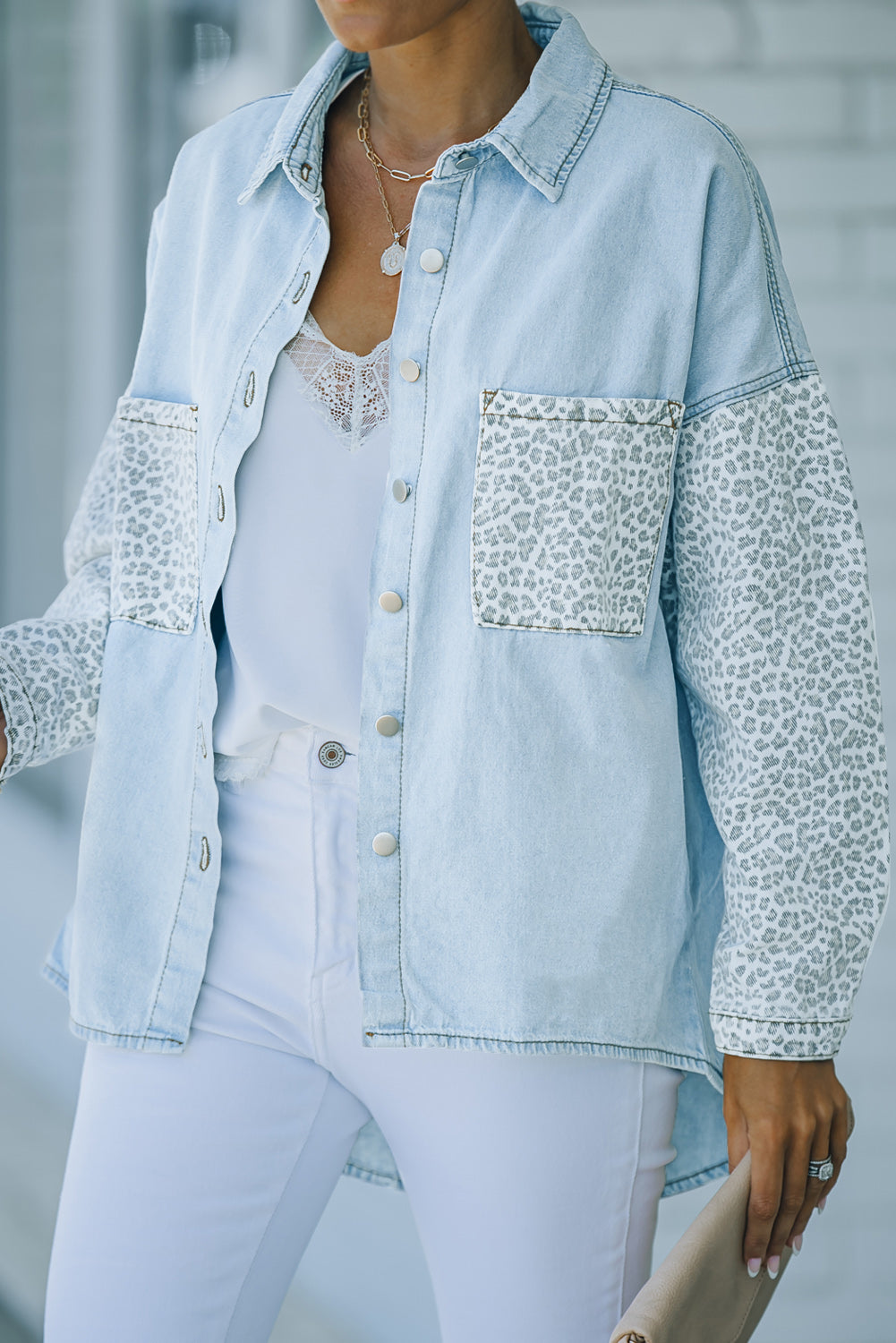 Sky Blue Contrast Leopard Denim Jacket