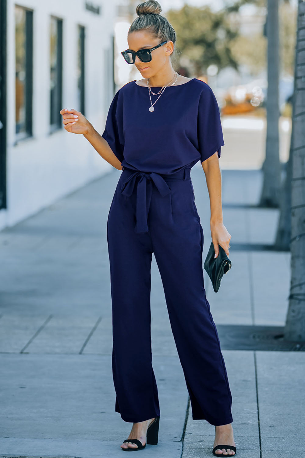 Red Belted Wide Leg Jumpsuit