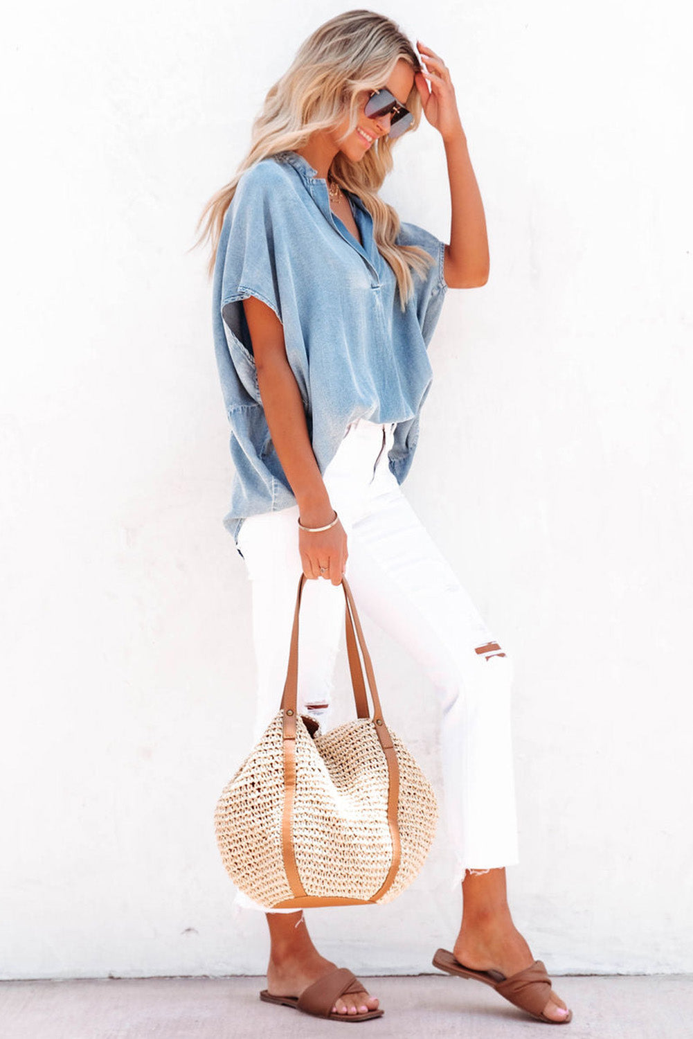 Sky Blue Split V-Neck Balloon Sleeve Ruched Denim Top