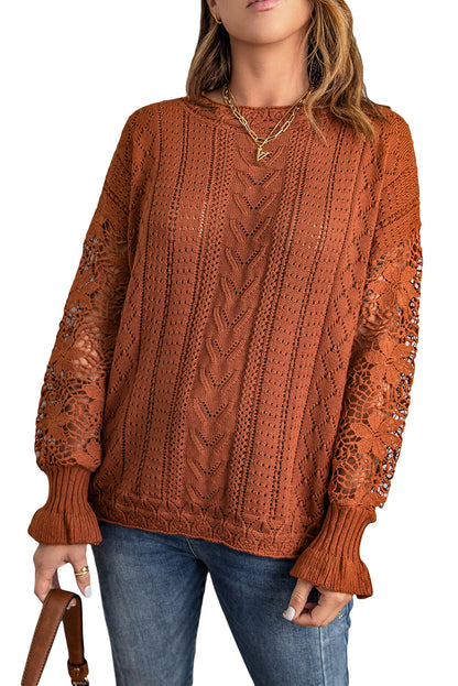 Apricot Crochet Lace Pointelle Knit Sweater