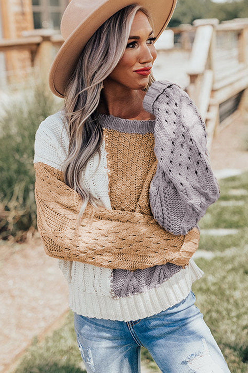 Brown Colorblock Mixed Textured Sweater