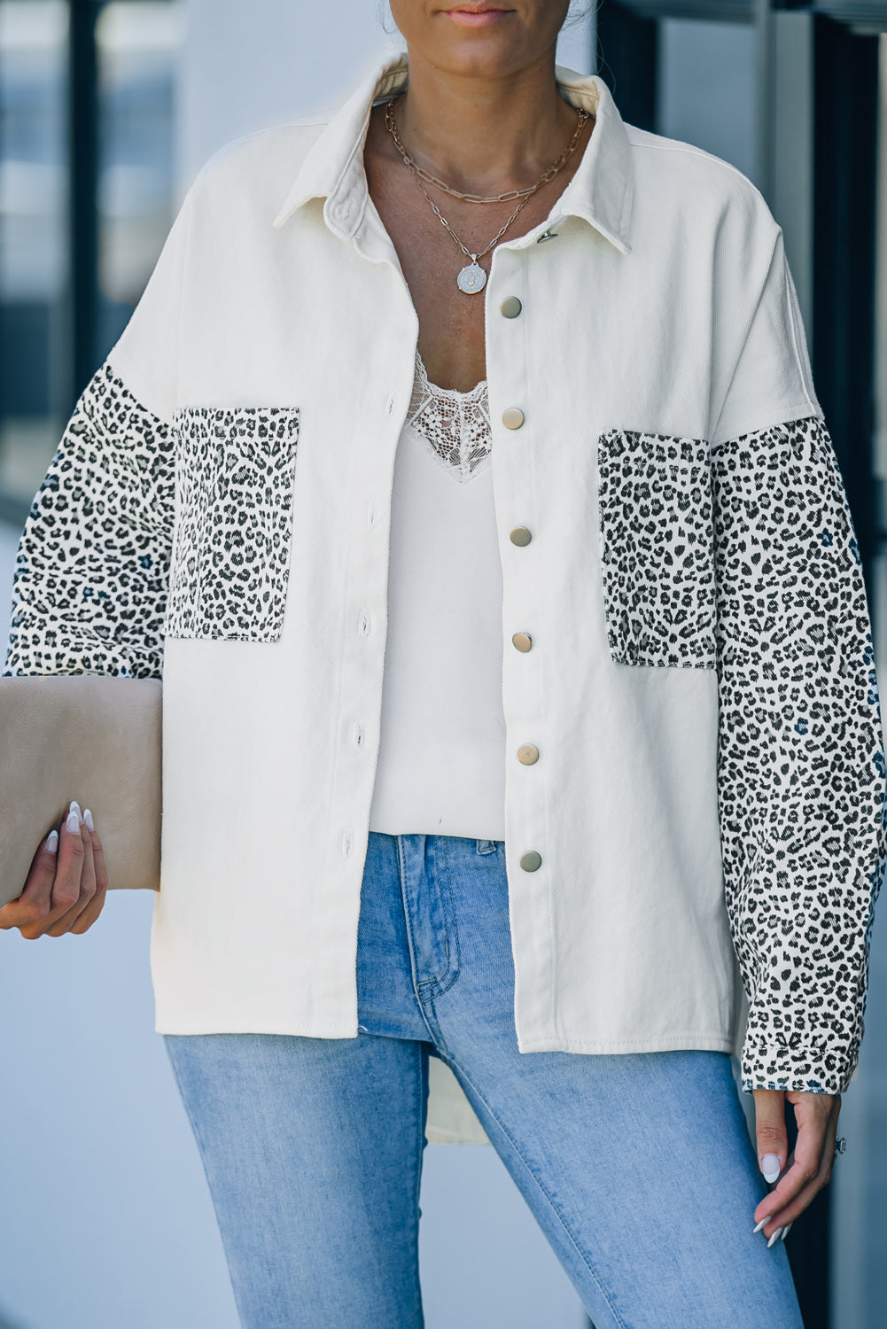 Sky Blue Contrast Leopard Denim Jacket