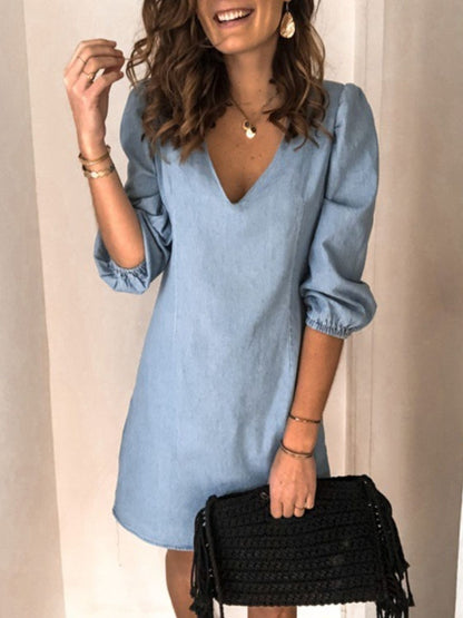 Full Size V-Neck Half Sleeve Denim Dress