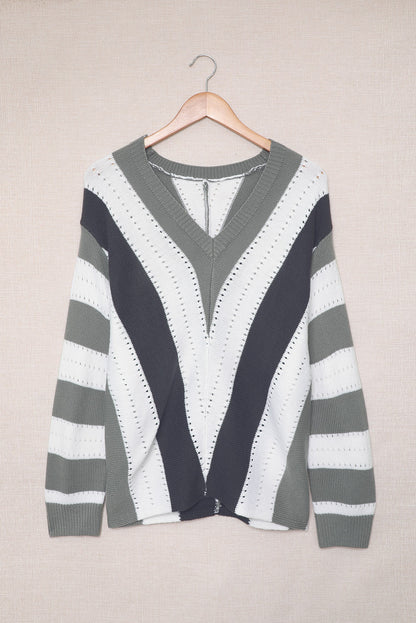 Gray Striped Colorblock V Neck Knitted Sweater