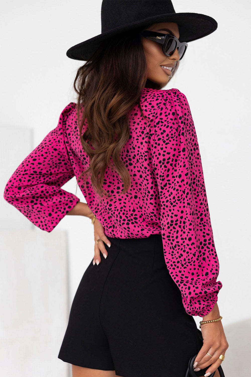 Rose Leopard Print Pleated Blouse with Keyhole