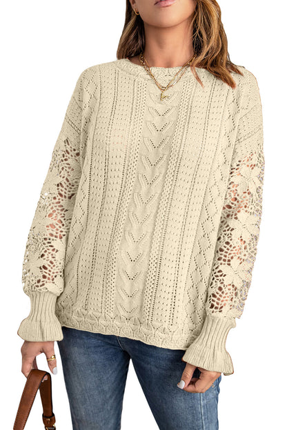 Apricot Crochet Lace Pointelle Knit Sweater