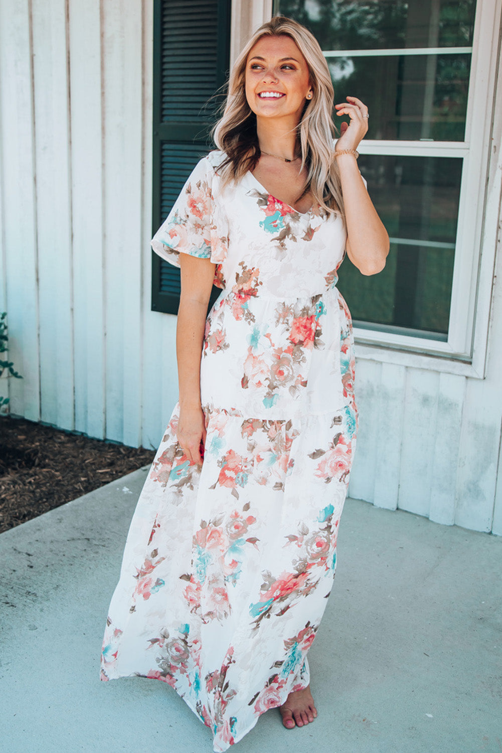 White Floral Print Lace-up High Waist Plus Size Maxi Dress