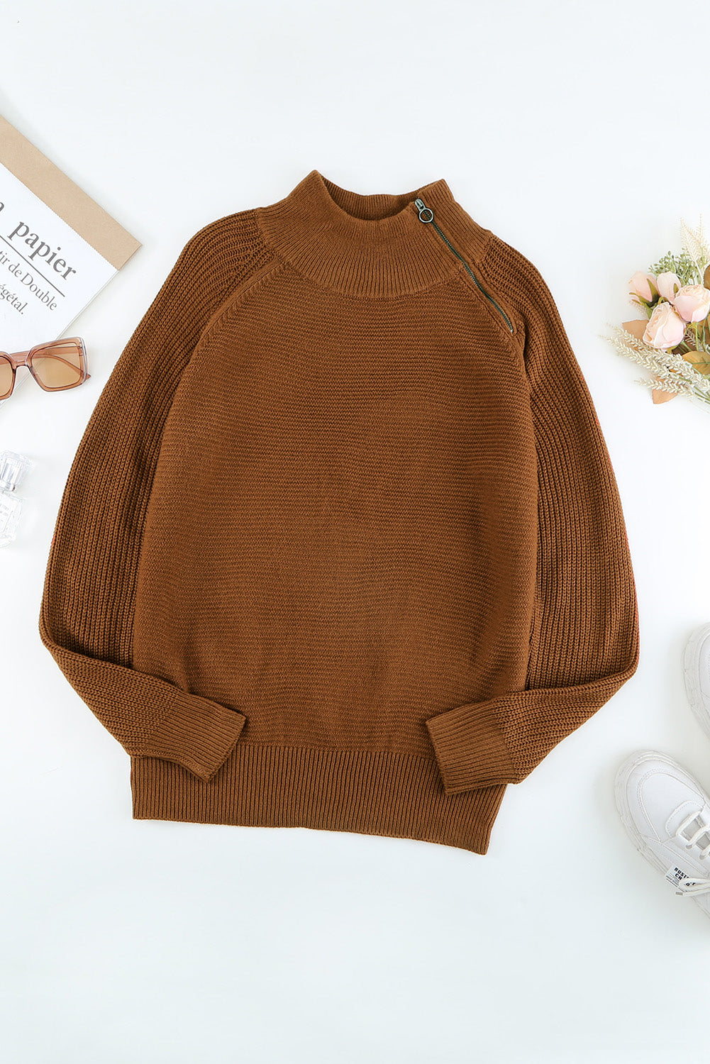 Brown Zip Knitted High Neck Sweater