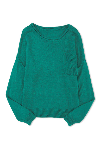 Green Solid Color Off Shoulder Rib Knit Sweater with Pocket