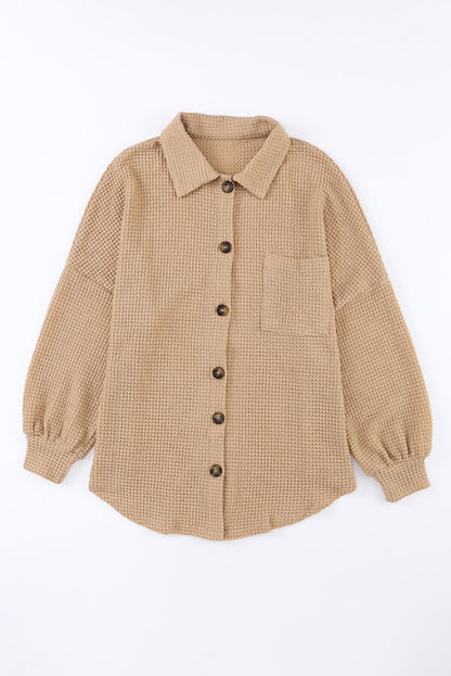 Khaki Waffle Knit Button Up Casual Shirt