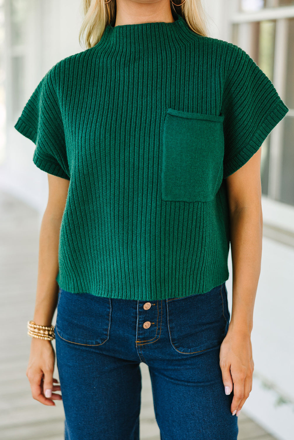 Gold Flame Patch Pocket Ribbed Knit Short Sleeve Sweater