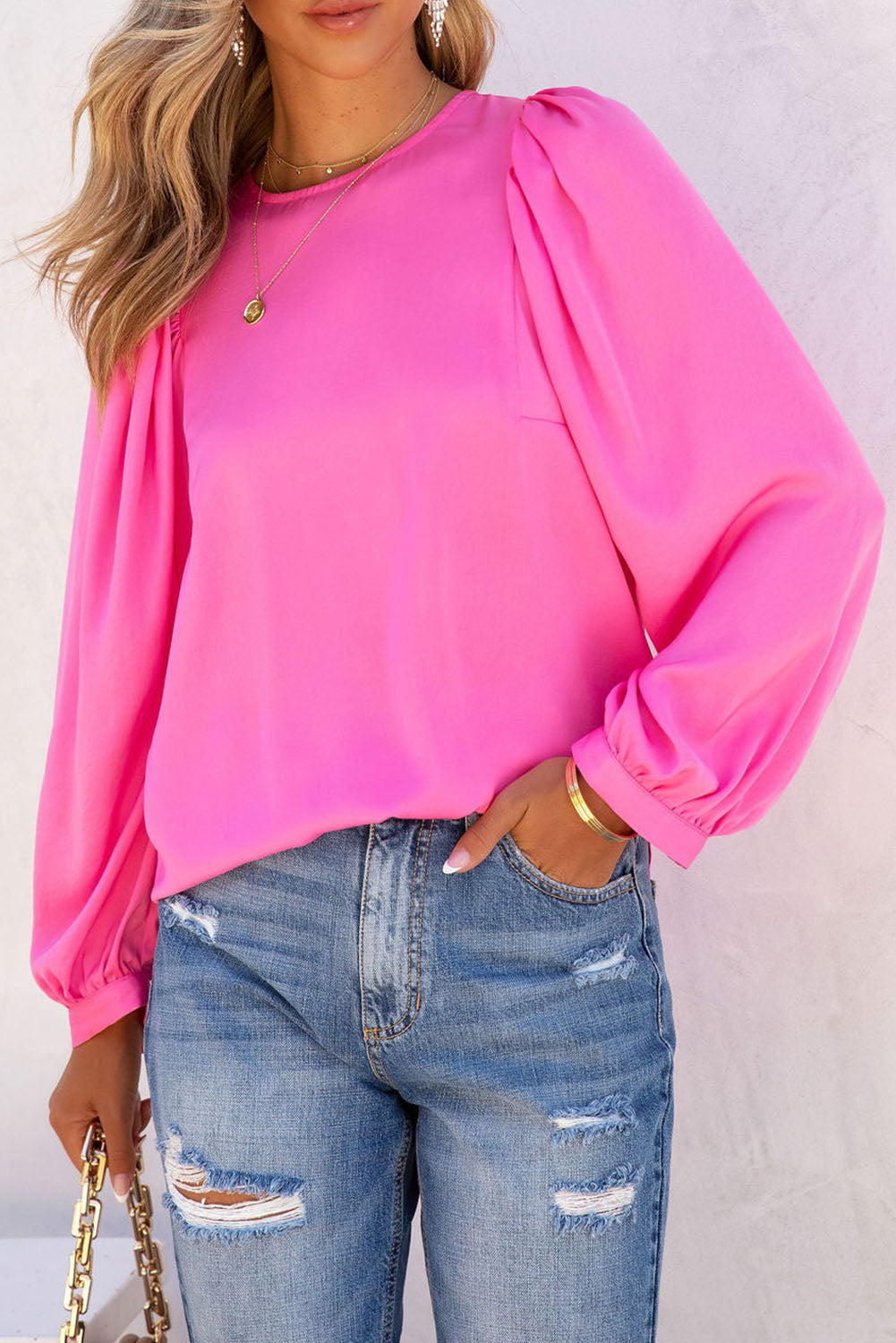 Pink Satin Puff Long Sleeve Crewneck Blouse