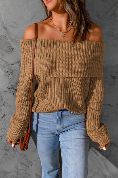 Khaki Ribbed Knit Foldover Off Shoulder Sweater