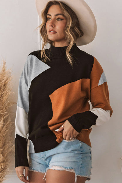 Orange Color Block Mock Neck Drop Shoulder Knit Sweater