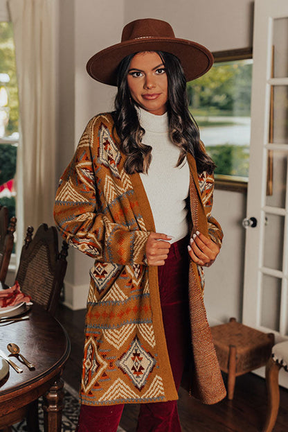 Brown Aztec Geometric Knit Open Front Cardigan