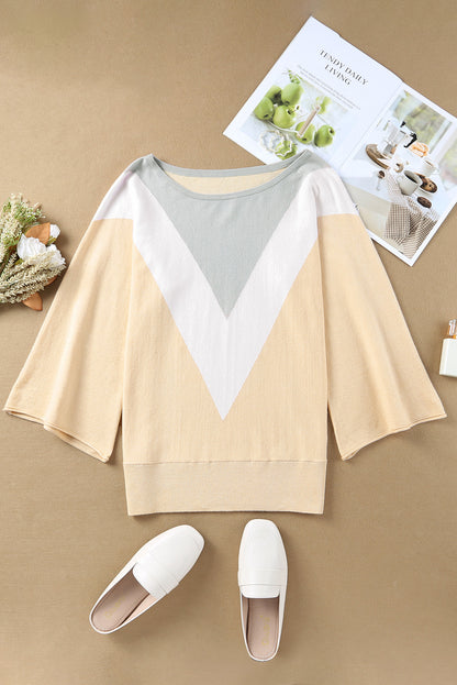 Apricot 3/4 Sleeve Chevron Color Block Sweater