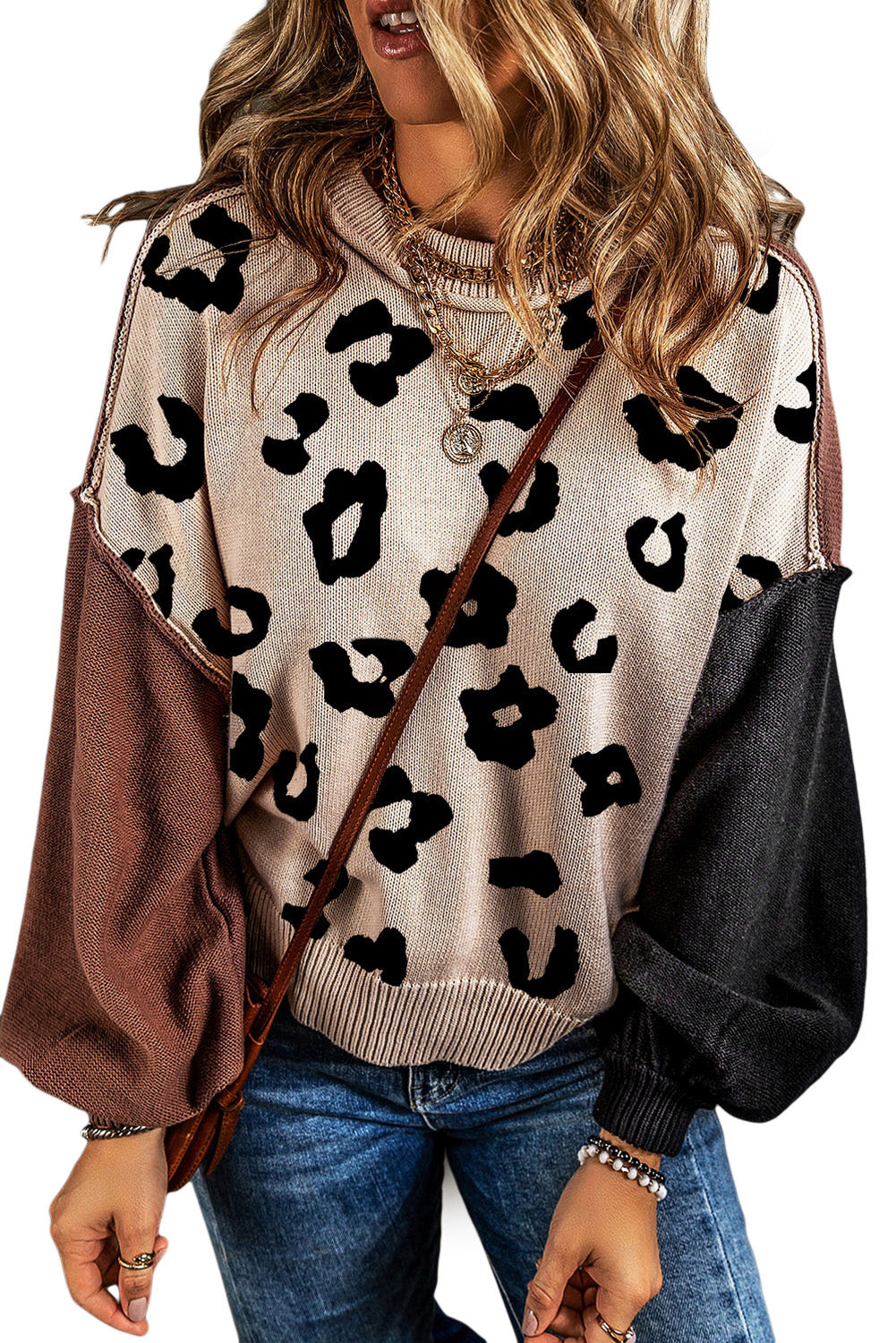 Chicory Coffee Contrast Color Exposed Seam Drop Shoulder Sweater