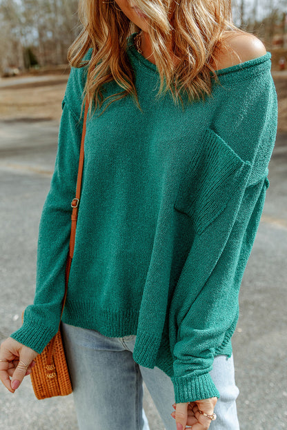 Green Solid Color Off Shoulder Rib Knit Sweater with Pocket