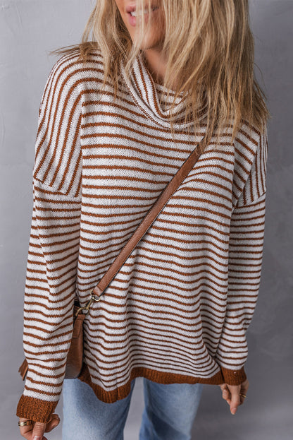 Brown Striped Turtleneck Loose Sweater