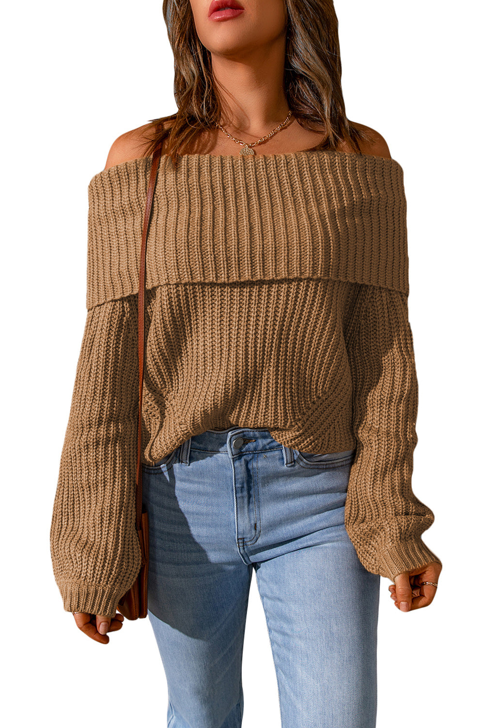 Khaki Ribbed Knit Foldover Off Shoulder Sweater