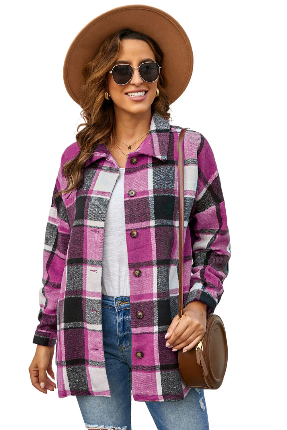 Red Plaid Print Buttoned Shirt Jacket