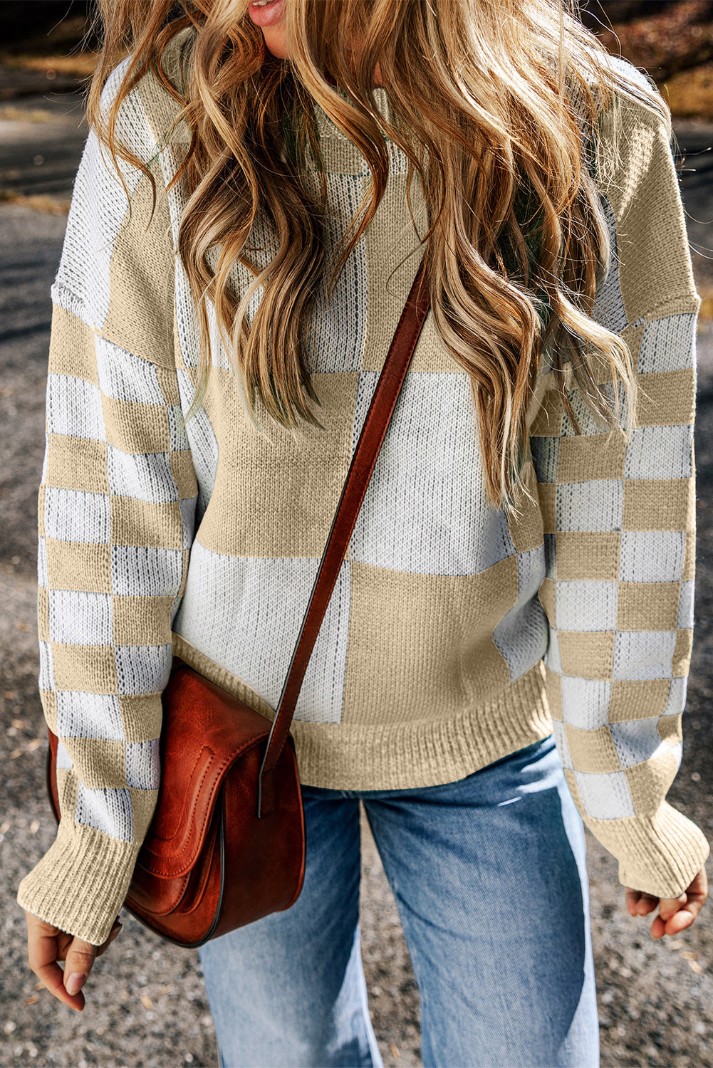 Mint Green Checkered Print Drop Shoulder Sweater