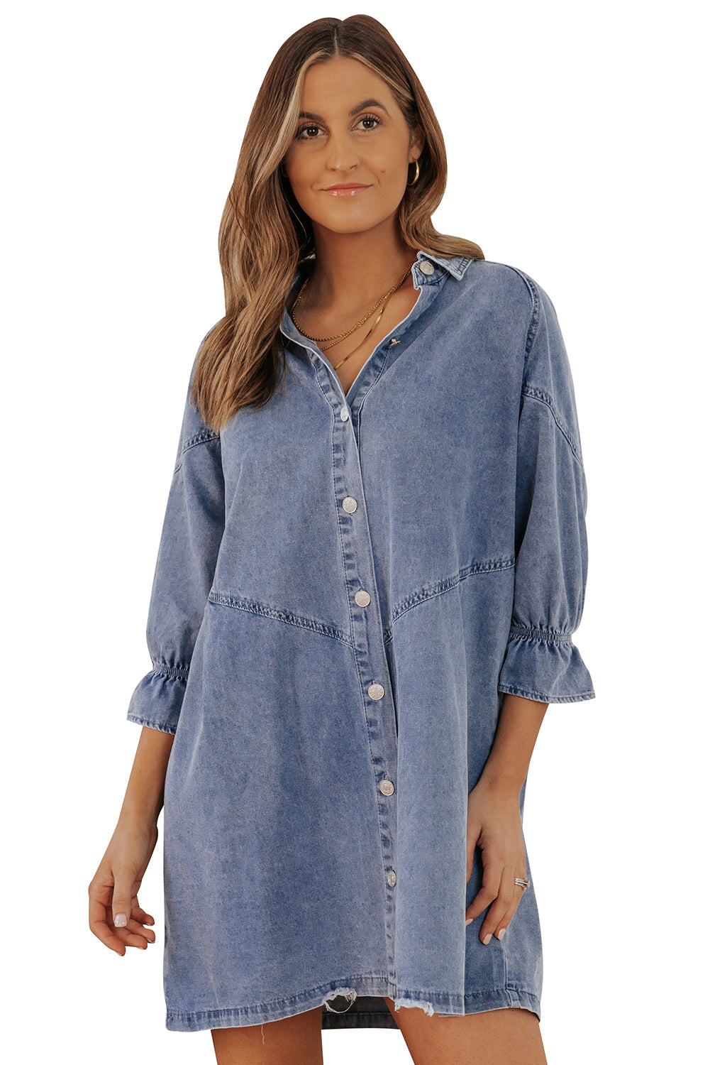 Sky Blue Buttoned Long Sleeve Denim Mini Dress