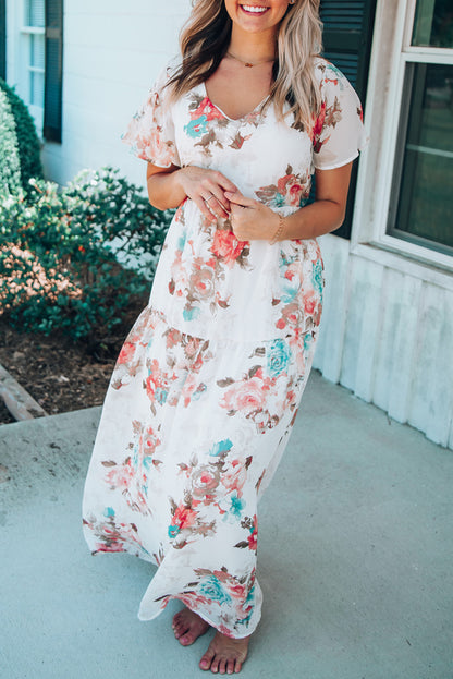 White Floral Print Lace-up High Waist Plus Size Maxi Dress