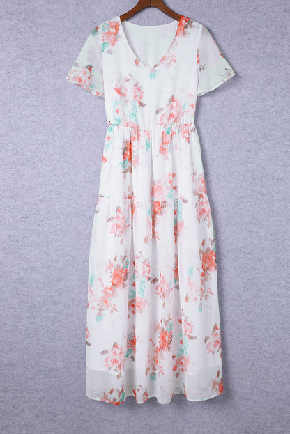 White Floral Print Lace-up High Waist Plus Size Maxi Dress