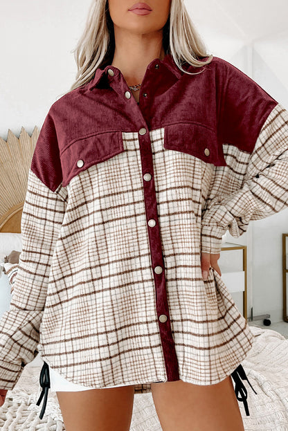 Red Plaid Patchwork Button-up Shift Shirt Jacket