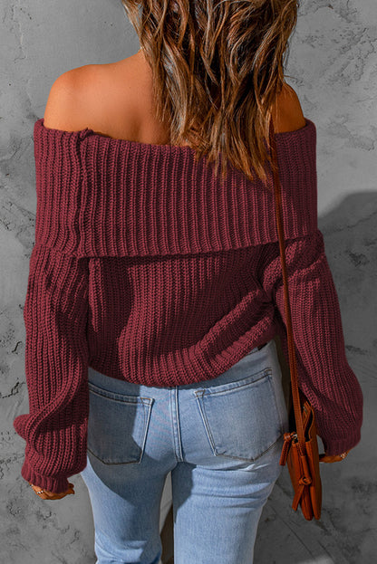 Khaki Ribbed Knit Foldover Off Shoulder Sweater