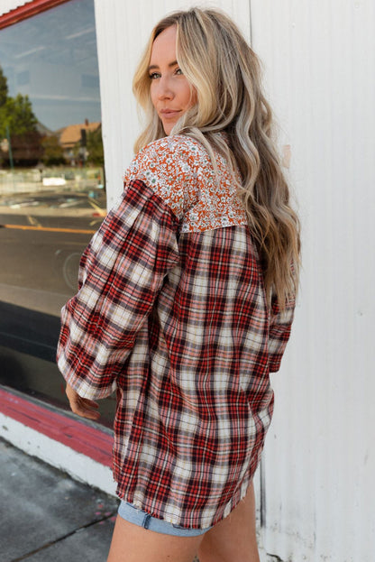 Red Floral Plaid Mixed Print Bishop Sleeve Patchwork Top